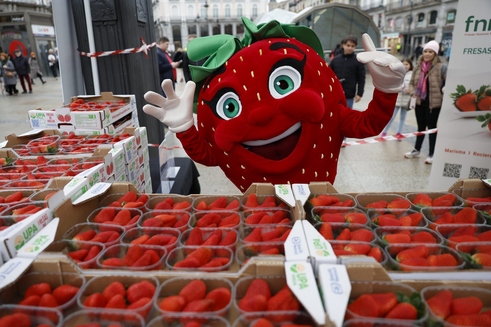 La Puerta del Sol se llena de frescura con 2.000 tarrinas de fresas de Huelva distribuidas