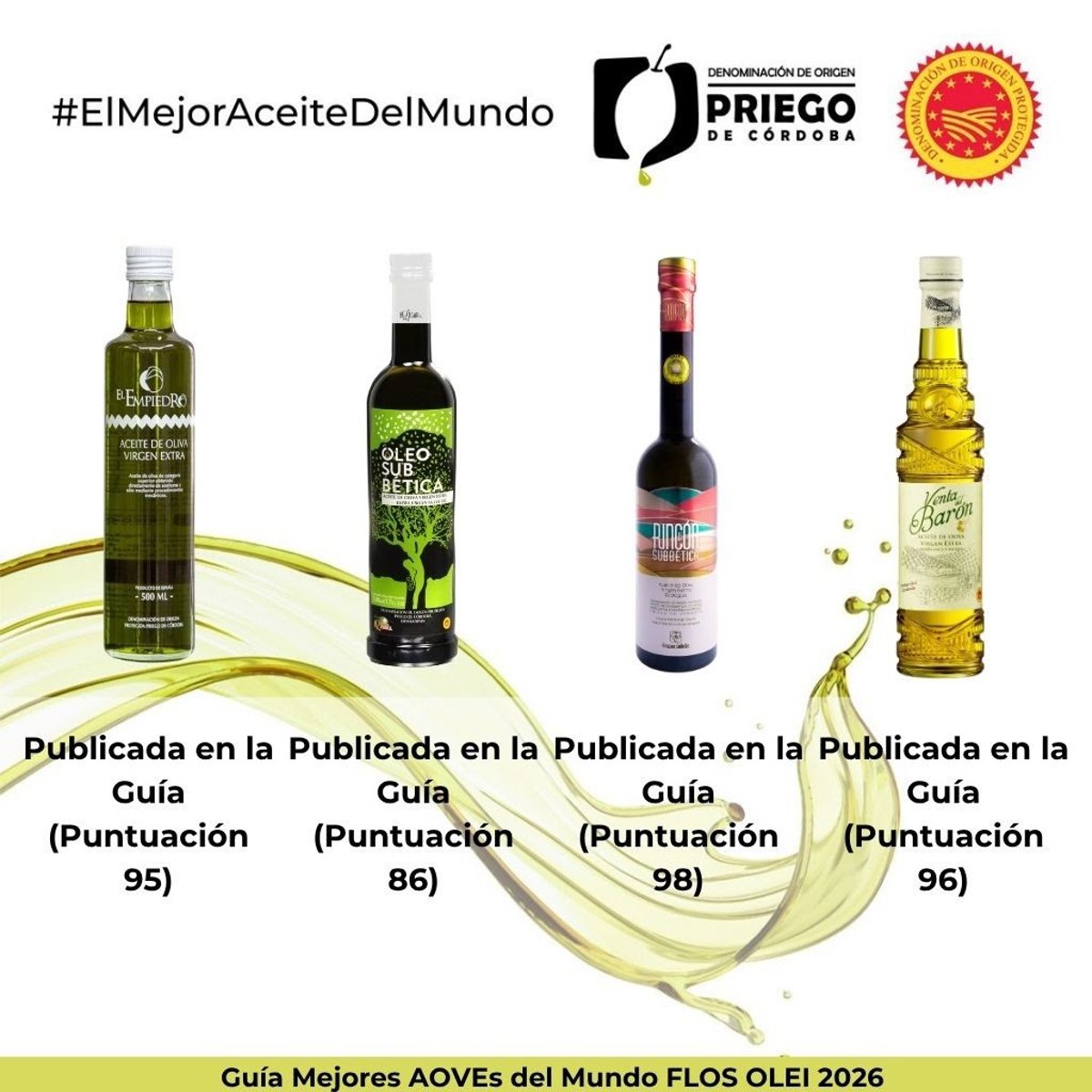 Cuatro aceites de la DOP Priego de Córdoba destacan en la guía Flos Olei 2026